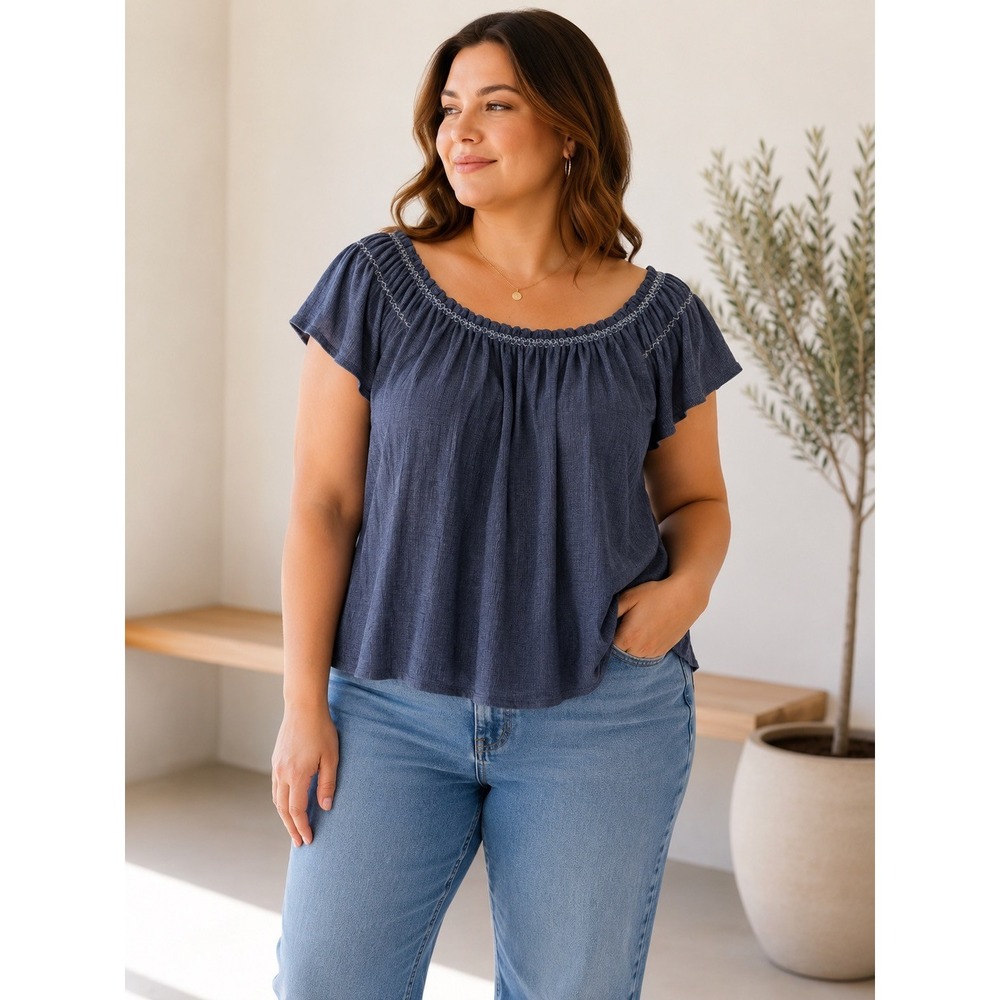 Max‎ Studio 1X NWT Flutter Sleeve Blouse Blue Textured Knit Coastal Peasant Top